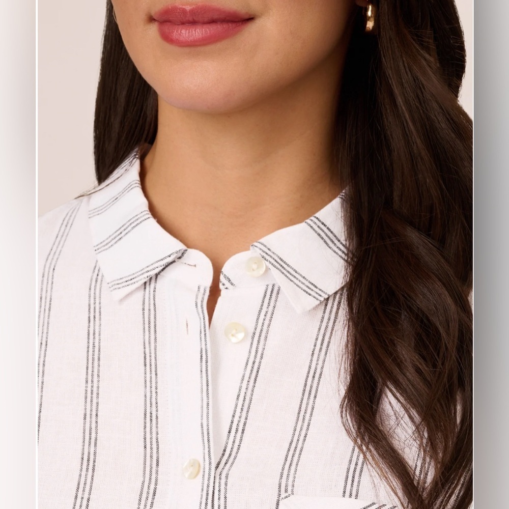 ADRIANNA PAPELL Button Down Linen Long Sleeve In white and grey stripes Top - Picture 5 of 13